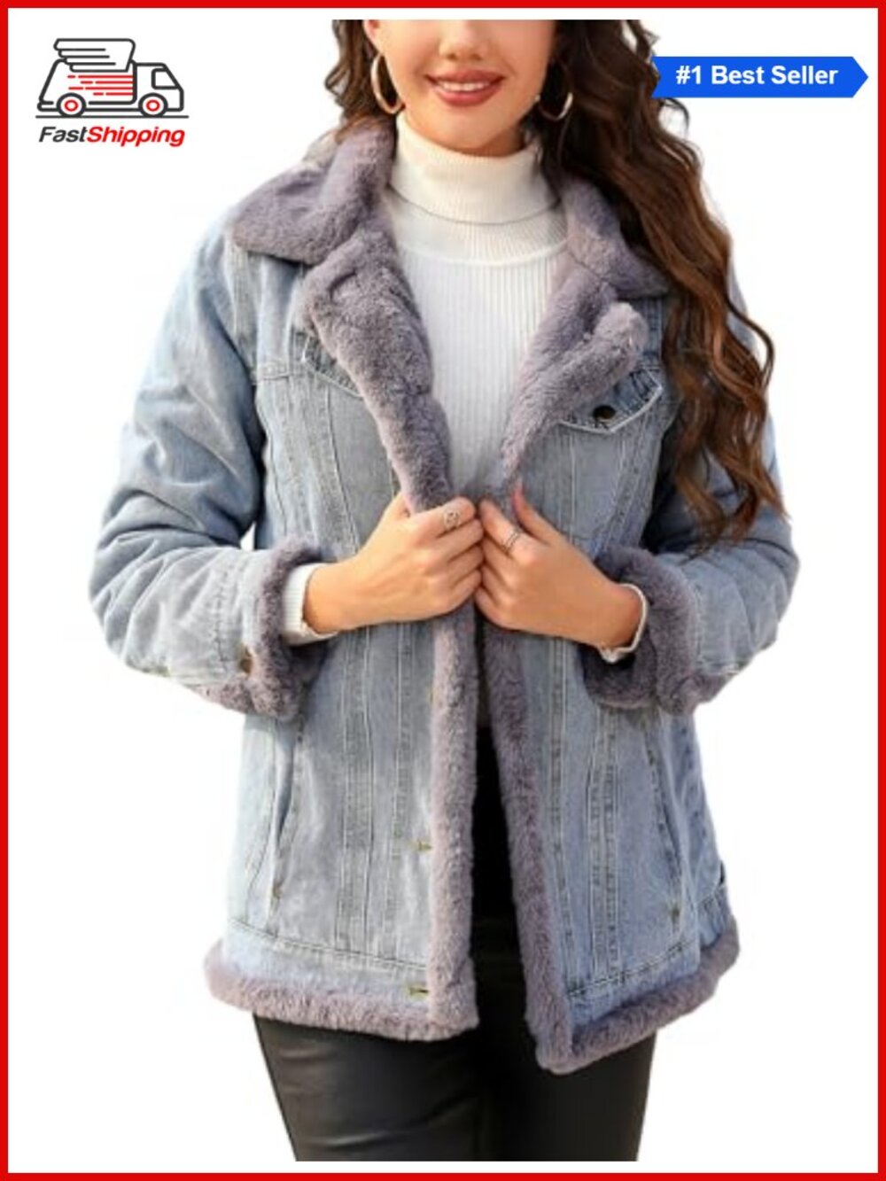 ✨ Faux Fur Lined Furry Trim Denim Jacket Button Closure Women's Winter Coat